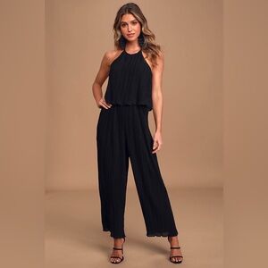 Lulus Black Pleated Halter Wide-Leg Jumpsuit